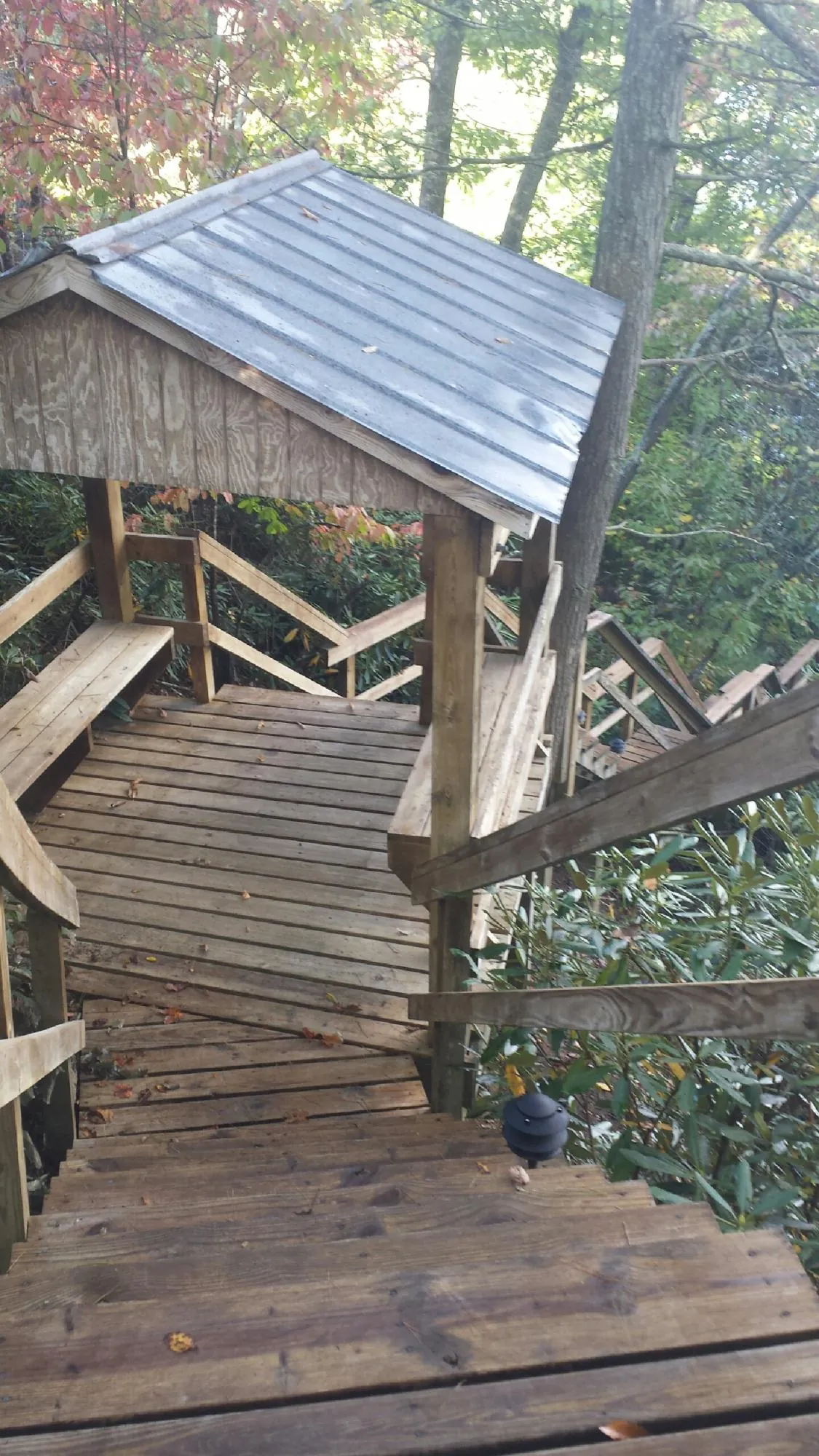 Metal roofed shelter over wooden steps on a wooded walkway — Skylight Repair & Installation work by our crew in Mont Belvieu